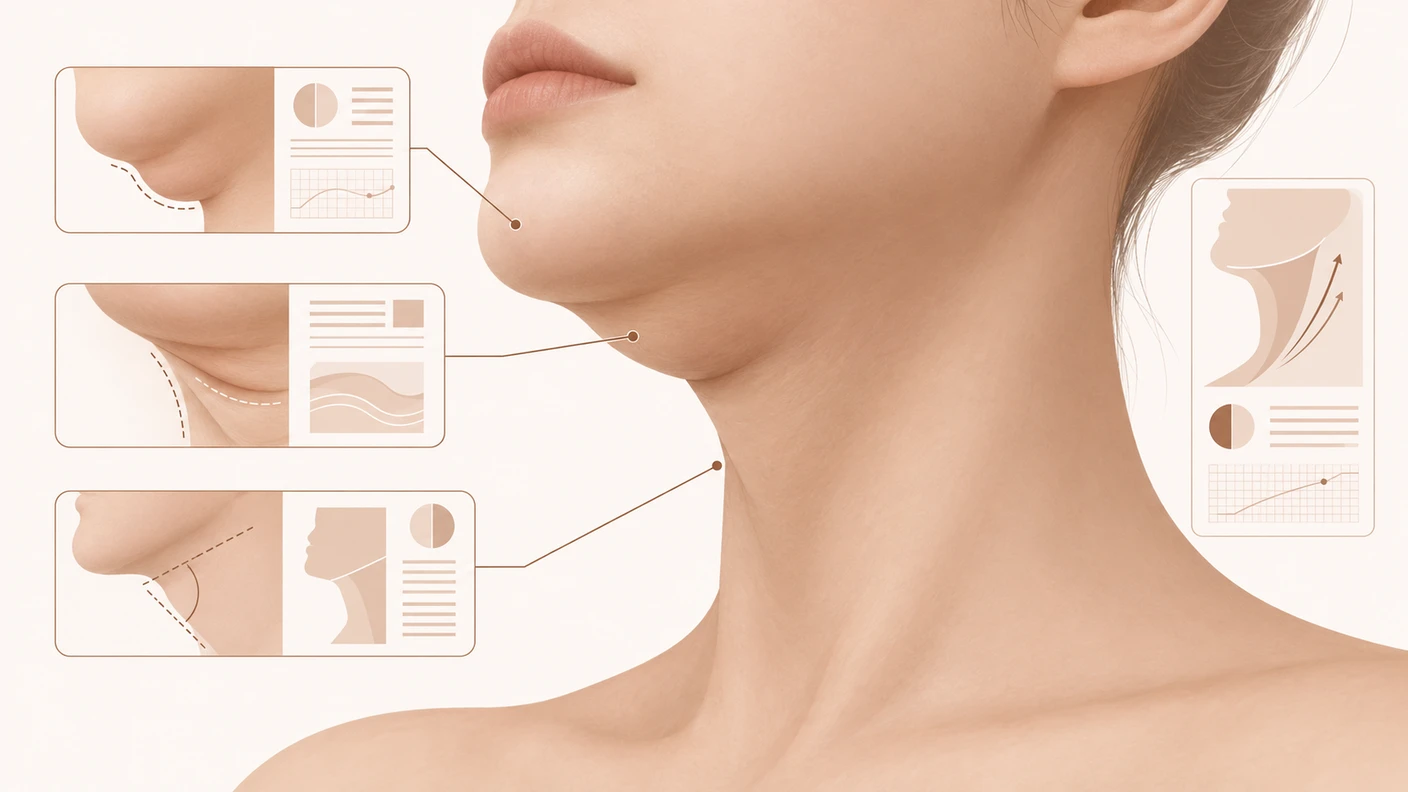 고척동이중턱지방분해주사 고민에서 턱밑 지방, 피부 탄력, 목선 각도가 겹쳐 보이는 상황을 글자 없이 표현한 이미지