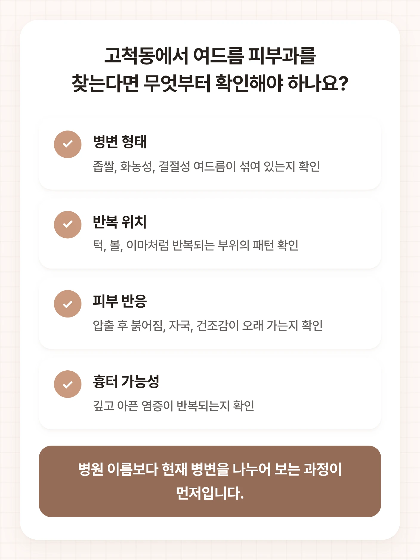 고척동여드름피부과 선택 전 확인할 병변 형태, 반복 위치, 피부 반응, 흉터 가능성 네 가지 기준을 정리한 도식