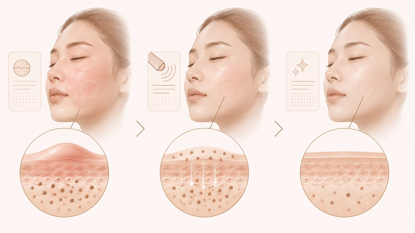 쥬베룩 효과 기간을 바로 판단하기보다 초기 붓기와 시간이 지나며 올라오는 피부결 변화를 구분해 보는 장면