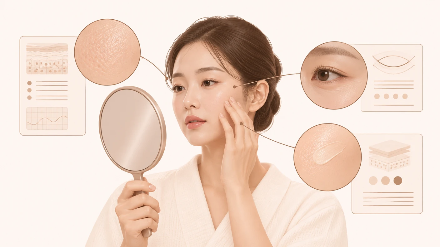 쥬베룩 효과 기간 중 추가 시술을 서두르기보다 피부결, 화장 끼임, 잔주름 변화를 관찰하는 모습