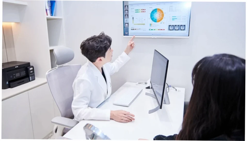 흰 가운을 입은 의사가 환자에게 모니터에 표시된 피부 분석 차트와 시술 계획을 설명하며 울쎄라 300샷 600샷 차이 등 시술 관련 정보를 안내하는 모습.